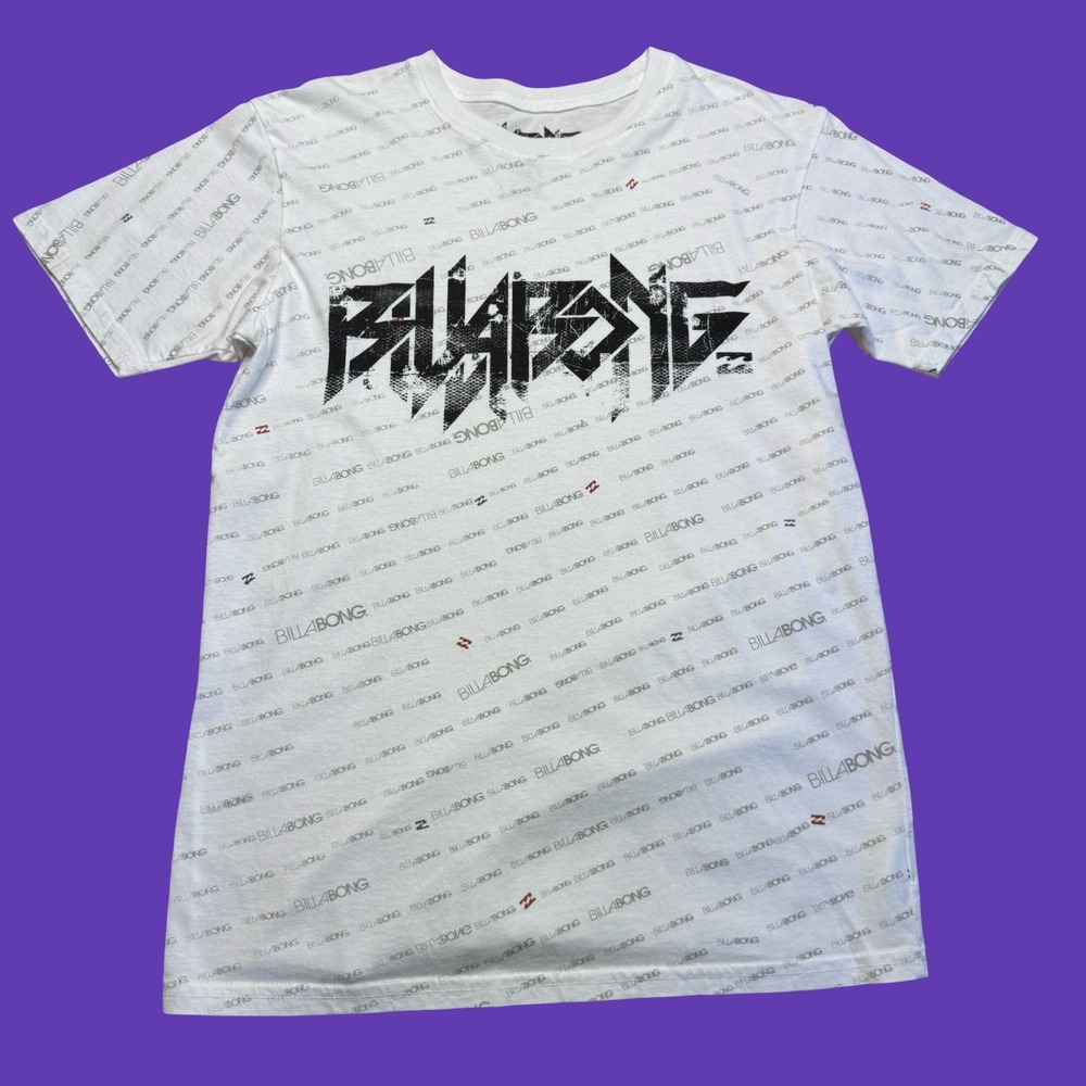 Billabong T Shirt Small Mens White Gray All Over Logo Graphic Skate Surf USA